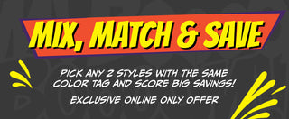 Promotional graphic with the text 'MIX, MATCH & SAVE' in large yellow letters on a red and orange banner, with additional white text below on a dark gray background.