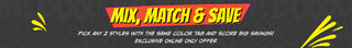 A promotional banner with the text 'MIX, MATCH & SAVE' in large yellow letters inside a red-orange gradient shape, with smaller white text below and yellow abstract line graphics on a dark gray background.