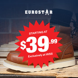 Brown Eurostar boots with a graphic reading “Starting at $39.99, exclusively at WSS.