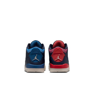 Kids high-top sneakers with blue and red heels, Air Jordan logo on back