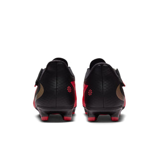 Men's FG soccer cleats from heel view in black with red accent and stud outsole
