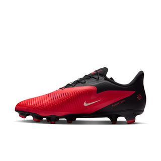 Men's low-cut FG soccer cleat, bright red upper with black heel and side logo