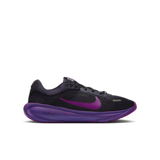 Youth running shoe with dark mesh upper, purple swoosh, and sculpted purple sole