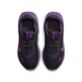 Pair of youth running shoes shown from above, with black laces and purple details
