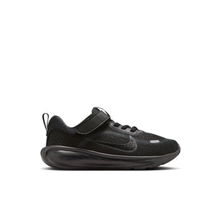 Black kids' Nike running shoe with mesh upper, laces, hook-and-loop strap and cushioned sole
