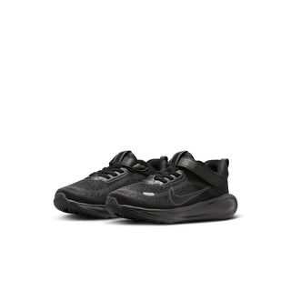 Pair of black kids' Nike running shoes with mesh uppers, laces and hook-and-loop straps