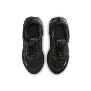 Top view of black kids' Nike running shoes with laces, mesh uppers and hook-and-loop straps
