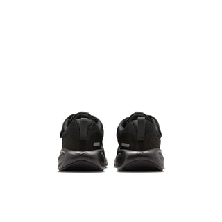 Rear view of black kids' Nike running shoes with heel pull tabs and thick soles