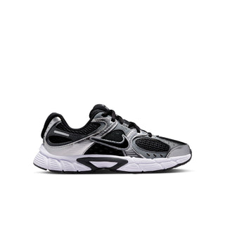 Nike youth running shoes in black and silver with mesh panels and white midsole