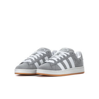 Youth Adidas Campus sneakers, grey uppers with three white stripes and gum outsole