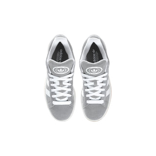 Youth Adidas Campus sneakers with grey uppers and white lace-up stripes, back view