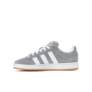 Youth Adidas Campus sneaker side profile in grey suede with three white stripes