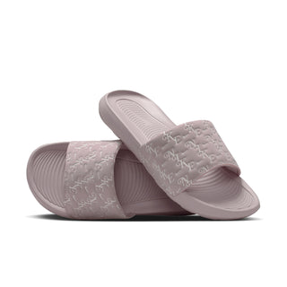 Mauve-pink slide sandals with curved sole and embossed logo strap detail