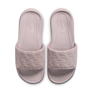 Pair of mauve-pink slide sandals with embossed logo and textured rubber footbed