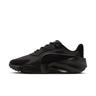 Black womens running shoe with lace-up design and Nike swoosh, side profile