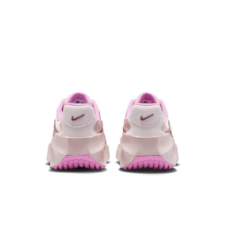 Light pink women’s running sneakers rear view with purple heel tabs and Nike logo