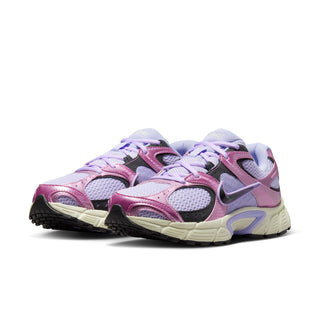Women’s athletic running shoe pair with purple and pink mesh panels and lace-up design