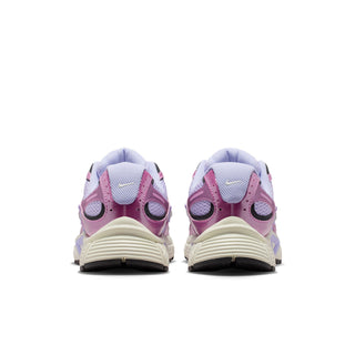 Women’s running shoes from heel view with light purple lining, purple eyelets, and tread sole