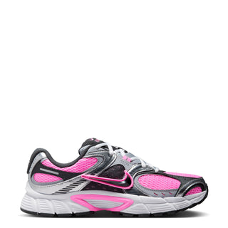 Women's running sneakers in gray, black, and pink with mesh upper and lace-up front.