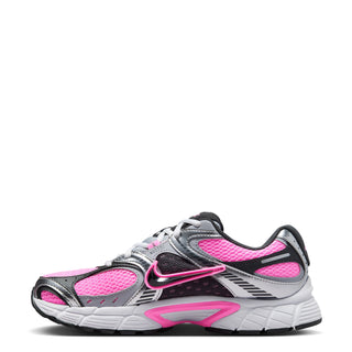Women's running sneakers, side view, gray and black with pink mesh panels and swoosh.