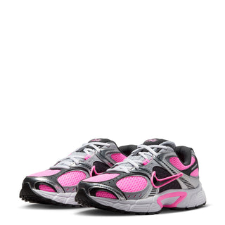 Pair of women's running sneakers, front view, gray/black with pink accents and lace-up.