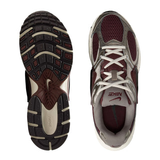 Women's running shoes outsole and top view, burgundy mesh upper with white laces