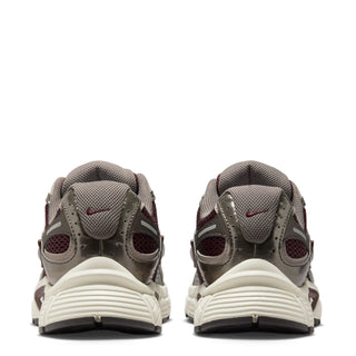 Women's running shoes heel and back view in gray with burgundy accents and padded collar