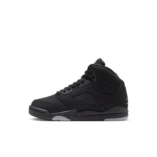Black kids sneaker side view with lace-up front, mesh paneling, and hook-and-loop strap detail