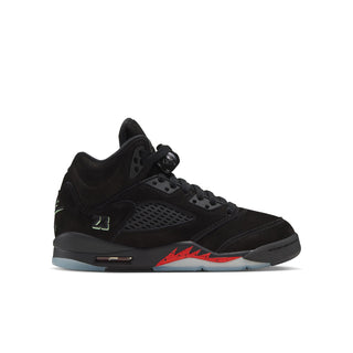 Black youth Air Jordan 5 sneakers with lace-up, mesh panels, red/blue midsole