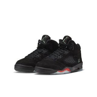 Black youth lace-up Air Jordan 5 sneakers with red accent midsole and mesh upper