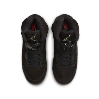 Black youth Air Jordan 5 sneakers, lace-up design with interior lining visible