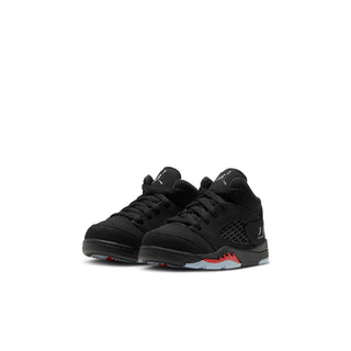 Pair of black toddler lace-up sneakers with mesh panels and red-blue midsole detail