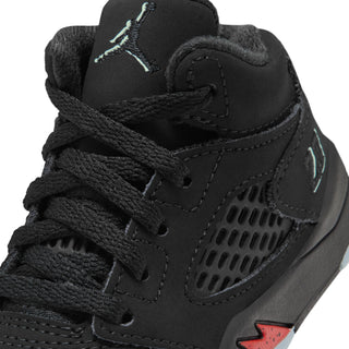 Close-up of black toddler lace-up sneaker with mesh panel and stitched overlay