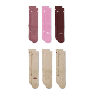 6-pack crew socks laid flat: maroon, pink, and beige pairs with white Nike logos