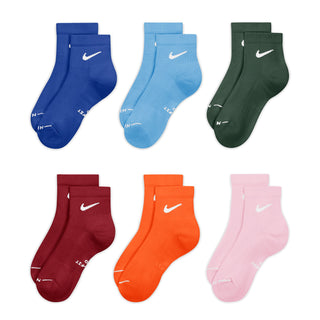 Six-pack crew socks in blue, light blue, dark green, burgundy, orange, pink
