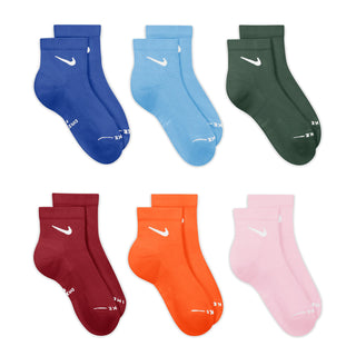 Six-pack quarter crew socks: blue, light blue, dark green, red, orange, pink