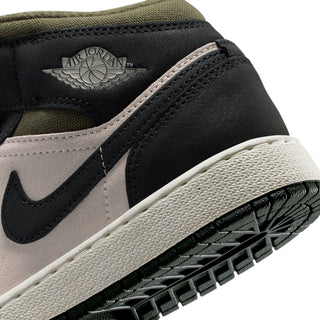 AJ 1 Mid youth sneakers, toe and side close-up with Nike swoosh and olive lining