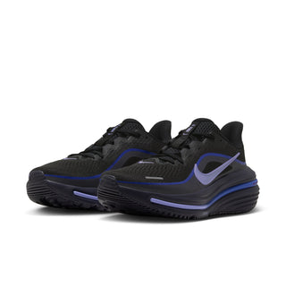 Women’s black lace-up running shoes, purple and blue trim on side panels