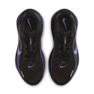 Women’s black running shoes, laces and purple-blue swoosh logos on uppers