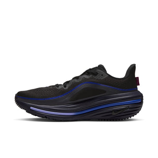 Women’s black running shoes with purple and blue side stripe and sculpted sole