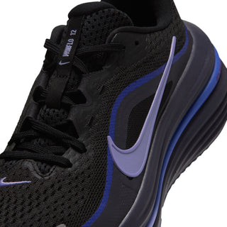 Women’s black mesh running shoe upper with purple-blue swoosh and lace details