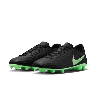 Black soccer cleats with neon green Swoosh, ribbed upper, FG/MG outsole studs