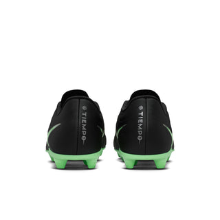 Black Tiempo soccer cleats with neon green accents, rear view, FG/MG studs