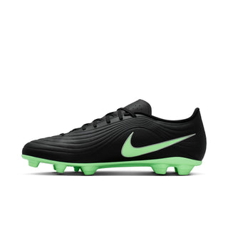 Black soccer cleats with neon green Swoosh, textured stripes, FG/MG studs