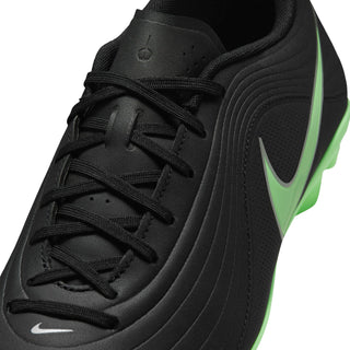 Black soccer cleat upper with neon green Swoosh on side, lace-up closure
