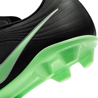 Black cleat side with neon green Swoosh and translucent green stud plate