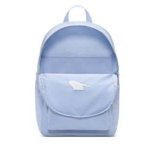 Light blue Nike backpack with curved front pouch and zip closure