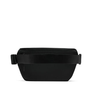Black waist pack with centered zipper and short side strap details, front view.