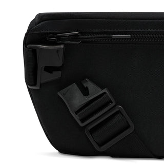 Black waist pack close-up of buckle and webbing strap attachment hardware.
