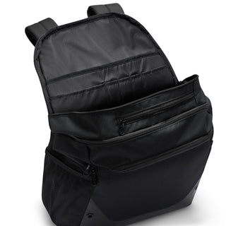 Nike Brasilia backpack corner view with zip front pocket, mesh side panel, black straps.